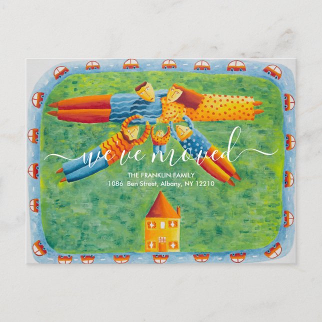 Postal De Anuncios Hemos mudado el nuevo Ilustracion familiar casero (Anverso)