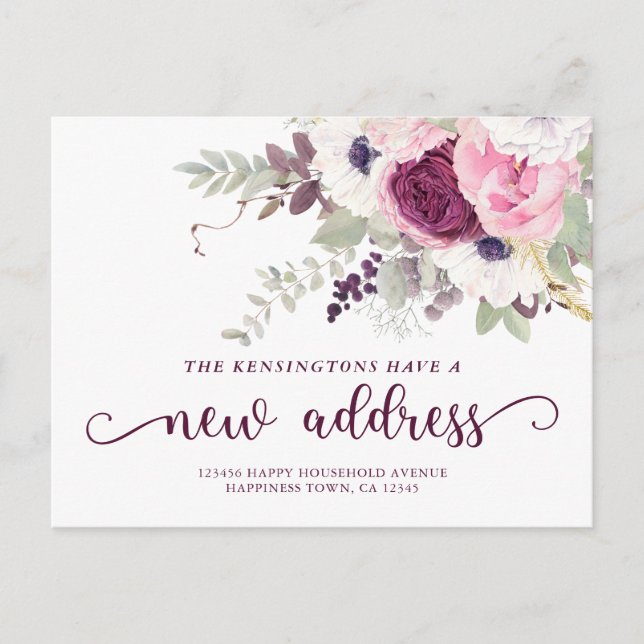 Postal De Anuncios Hermosa Dirección Nueva Floral Acuarela Mudanza (Anverso)