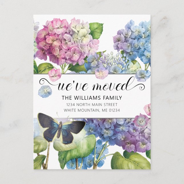 Postal De Anuncios Hermosa Mariposa Floral de Hortensia Azul Rosa Móv (Anverso)