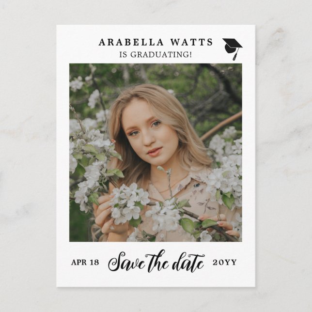 Postal De Anuncios Hermoso guión Foto de graduación Guardar la fecha (Anverso)