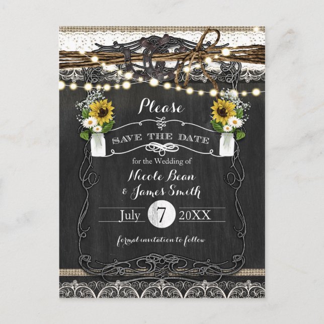 Postal De Anuncios Herraduras Rústicas y Flores de Boda Save the Date (Anverso)