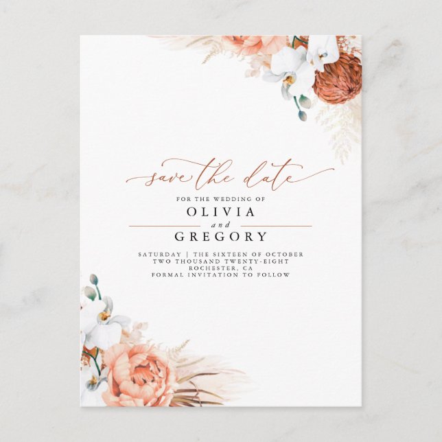 Postal De Anuncios Hierba de Pampas Floral Terracota Save the Date (Anverso)