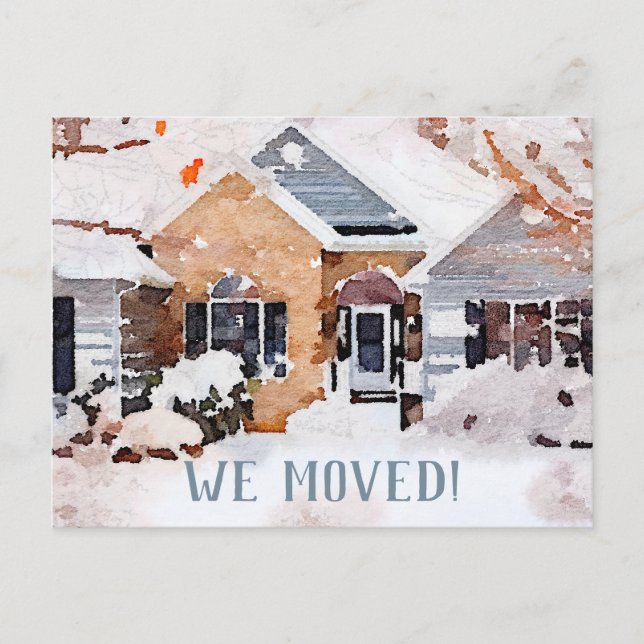 Postal De Anuncios Hogar de acuarela de invierno, nos mudamos (Anverso)