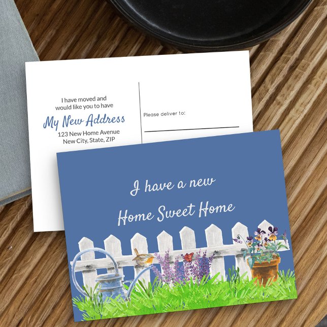 Postal De Anuncios Hogar, dulce casa, cerca de boletos blancos que me (New Address postcard with idyllic cottage garden scene)
