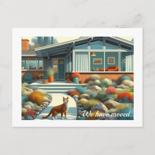Postal De Anuncios Hogar Moderno de Mitad de Siglo con Gato (Anverso)