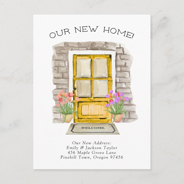 Postal De Anuncios Hogar nuevo: linda dirección nueva puerta acuarela (Anverso)