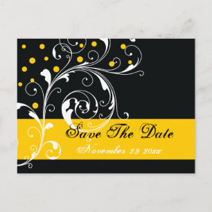 Postal De Anuncios Hoja de pergamino negra, boda amarilla Save the Da