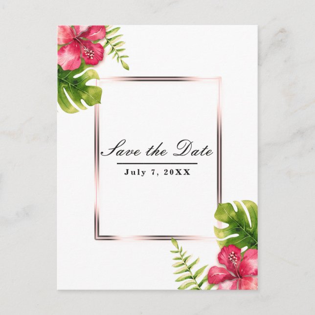 Postal De Anuncios Hojas blancas de Hibisco Tropical Save the Date (Anverso)