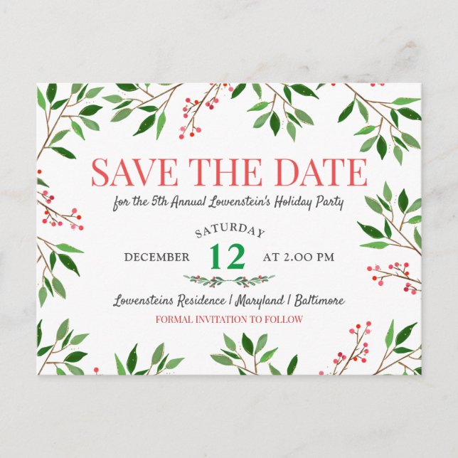 Postal De Anuncios Hojas de Bayas Fiesta Navideña Save The Date (Anverso)