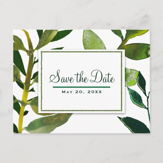 Postal De Anuncios Hojas de Planta Glam Botánico Verde Save the Date (Anverso)