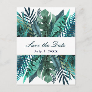 Postal De Anuncios Hojas de verde teal tropicales para boda Save the 