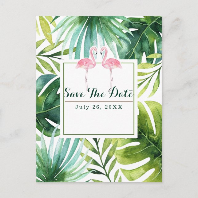 Postal De Anuncios Hojas Tropicales & Flamencos Boda Save the Date (Anverso)