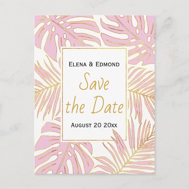Postal De Anuncios Hojas tropicales modernas boda rosa Save the Date (Anverso)