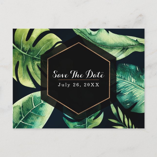 Postal De Anuncios Hojas Tropicales Verdes Elegante Negro Save The Da (Anverso)
