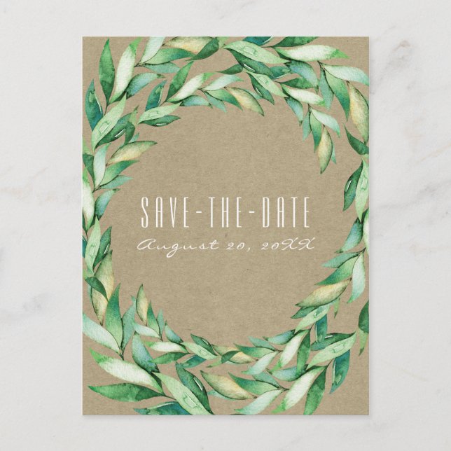 Postal De Anuncios Hojas Verdes Acuarela Kraft Rústico Salva la Fecha (Anverso)