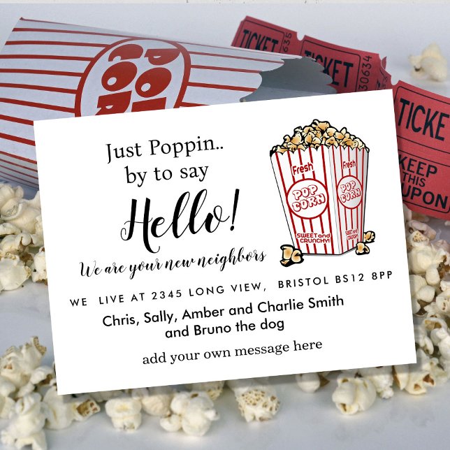 Postal De Anuncios Hola Neighbor editable, nueva dirección, palomitas (Subido por el creador)