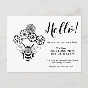 Postal De Anuncios Hola vecino editable, nueva dirección, abeja