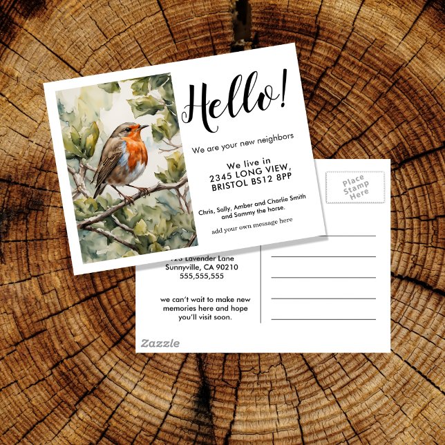 Postal De Anuncios Hola vecino editable, nueva dirección, Robin (Subido por el creador)