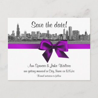 Postal De Anuncios Horizonte de Chicago Grabado BW Violeta Guardar la