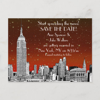 Postal De Anuncios Horizonte de NYC 01 Grabado Estrella Roja Save the