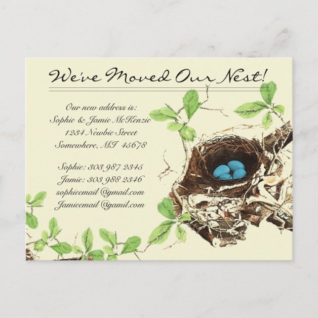 Postal De Anuncios Huevos Azules de Robin en Nido Nos hemos mudado (Anverso)