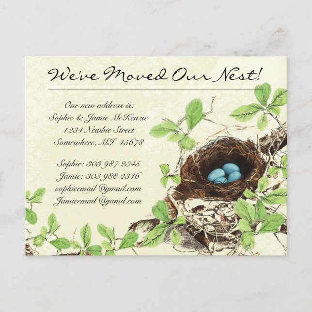 Postal De Anuncios Huevos de Nido de Damasco Antiguo Nos Hemos Mudado (Anverso)