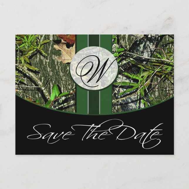 Postal De Anuncios Hunter Green Monogram Camo Wedding Save the Fates (Anverso)