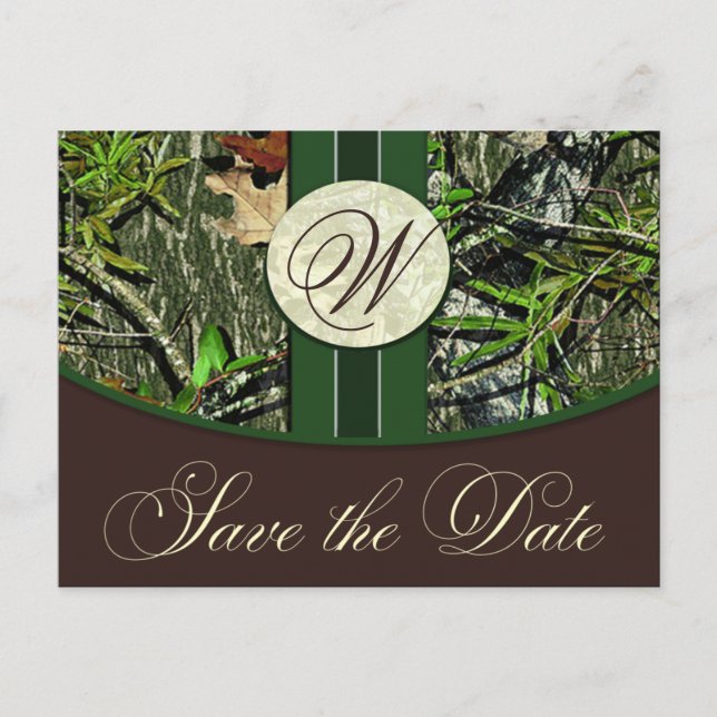 Postal De Anuncios Hunter Green Monogram Camo Wedding Save the Fates (Anverso)
