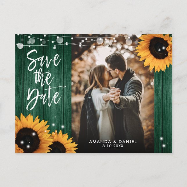Postal De Anuncios Hunter Green Sunflower Boda Photo Save The Date (Anverso)