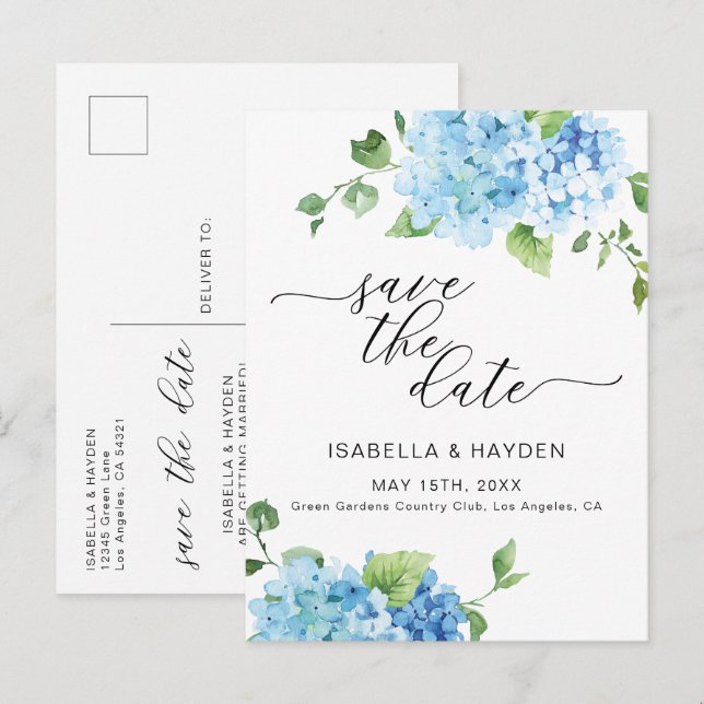 Postal De Anuncios Hydrangea Azul Claro Floral Polvorienta Save The D (Anverso / Reverso)