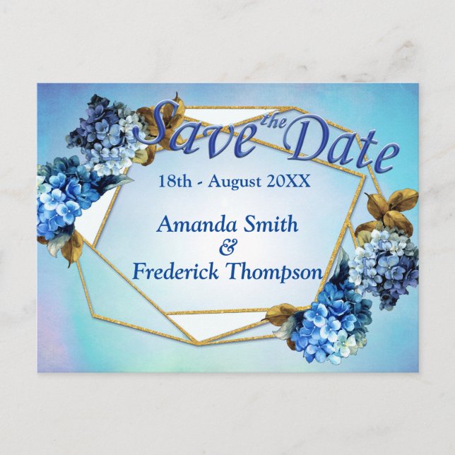 Postal De Anuncios Hydrangeas acuarela azul / tonos de Save the Dates (Anverso)