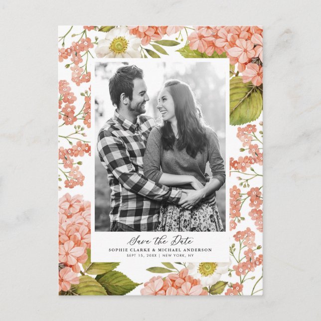 Postal De Anuncios Hydrangeas Acuarela Rústica de Melocotón Invitació (Anverso)