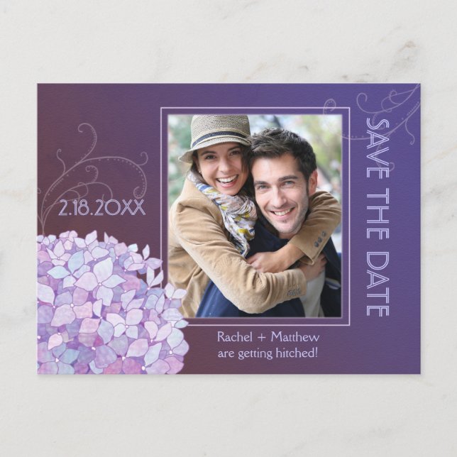 Postal De Anuncios Hydrangeas Indigo Boda Foto Guardar la fecha (Anverso)