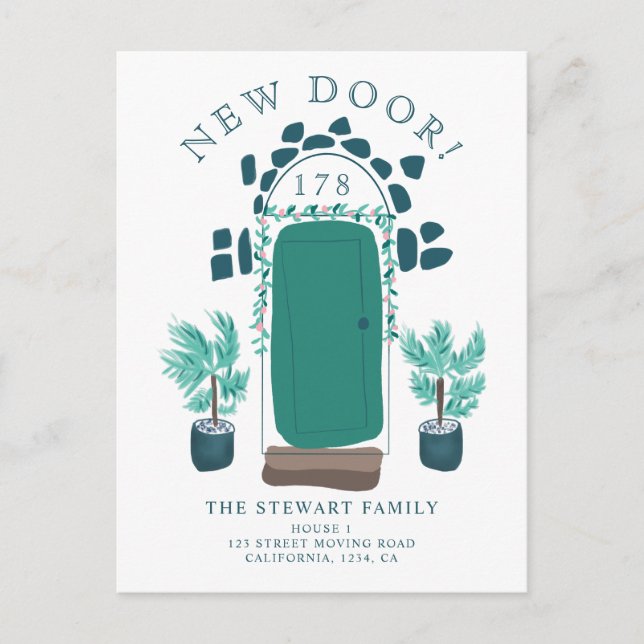 Postal De Anuncios Ilustración floral de puerta nueva casa mudanza (Anverso)