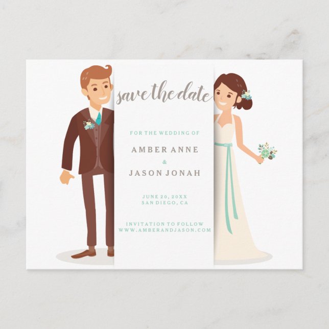 Postal De Anuncios Ilustracion Novia y Groom Guardar la fecha (Anverso)