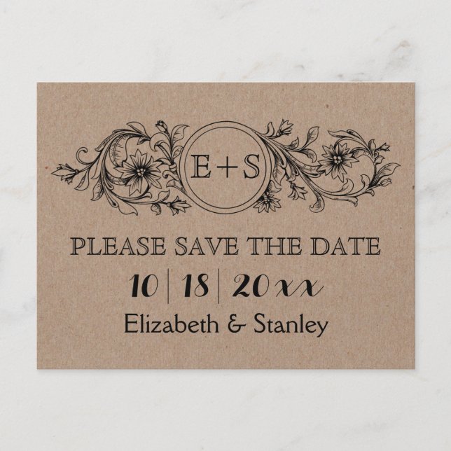 Postal De Anuncios Iniciales de cartón Kraft boda Save the Date (Anverso)