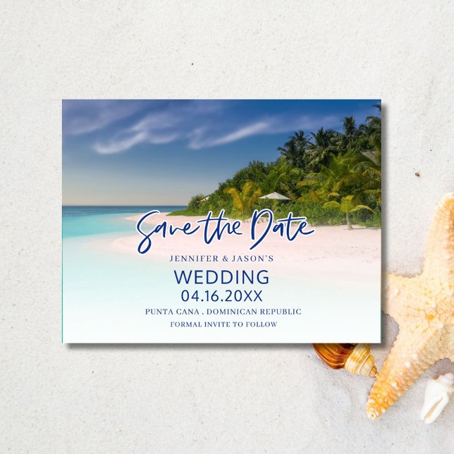 Postal De Anuncios Isla Tropical Boda en la playa Salven la fecha (Tropical Island Beach Wedding Save the Date Postcard)