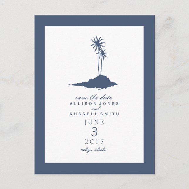 Postal De Anuncios Island Beach Wedding Save The Date - Azul oscuro (Anverso)