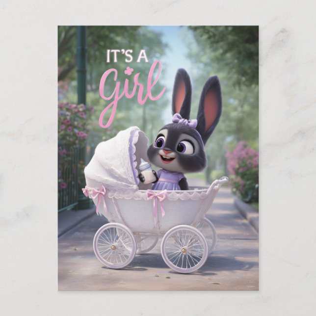 Postal De Anuncios It’s a Girl: Baby Bunny in Pink Lace Stroller (Anverso)