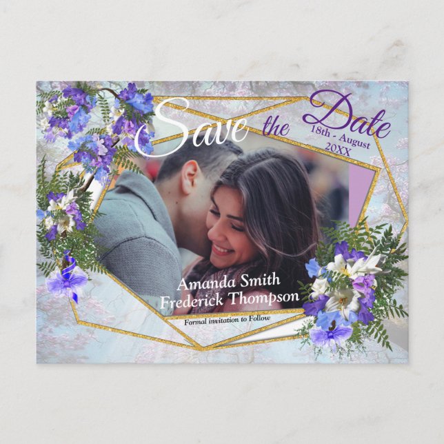 Postal De Anuncios Jacaranda Blooms & Lily Bouquet Salven las Fechas (Anverso)