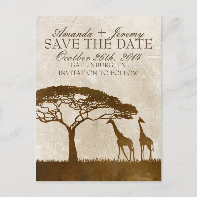Postal De Anuncios Jirafa Africana Marrón y Marfil Save The Date (Anverso)