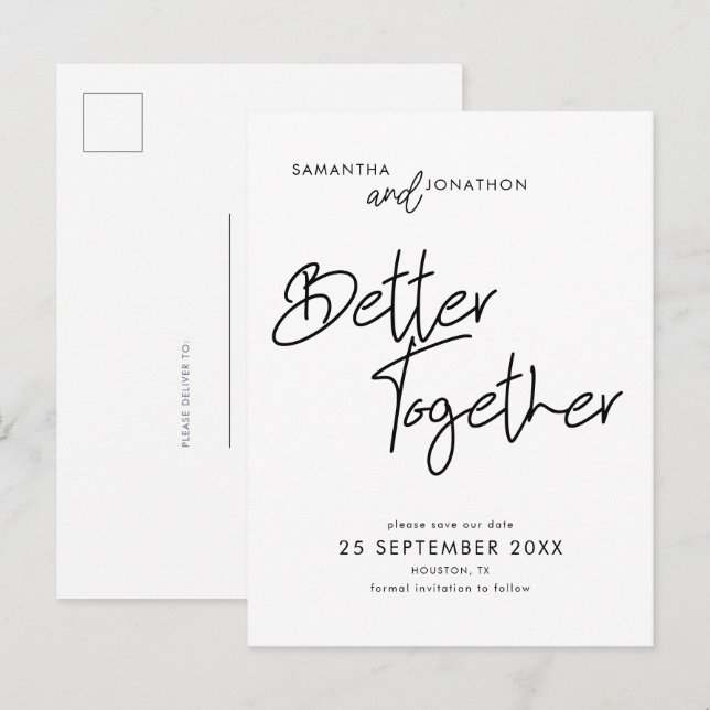 Postal De Anuncios Juntos es mejor Guión Moderno Salvar la Fecha (Anverso / Reverso)