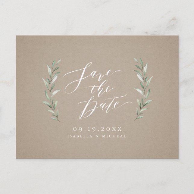 Postal De Anuncios Kraft boda de vegetación rústica de caligrafía sim (Anverso)