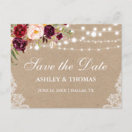 Postal De Anuncios Kraft Luces Rústicas Encaje Floral Salva la Fecha