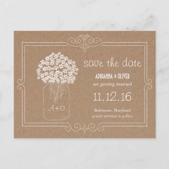 Postal De Anuncios Kraft Paper Mason Jar Flowers Save The Date (Anverso)