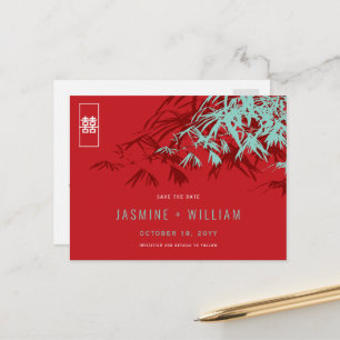 Postal De Anuncios La Boda China De Bambú Azul Rojo Salva La Fecha