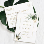 Postal De Anuncios La boda de oro de las hojas tropicales salva la fe<br><div class="desc">Esta boda,  salvo la postal de la invitación a la fecha,  incluye follaje tropical de color agua verde,  hojas de monstera,  hojas de palmera,  hojas de plátano y acentos falsos de hojas de oro. Es perfecto para una boda de playa o destino. >>> Vea toda la colección >> https://www.zazzle.com/collections/tropical_foliage_gold_collection-119316977990783186</div>