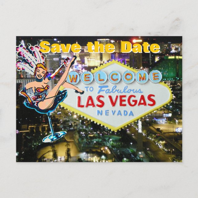 Postal De Anuncios La boda de Vegas Strip Save the Date Showgirl (Anverso)