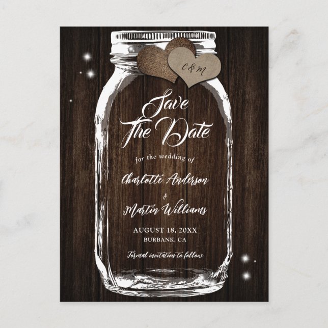 Postal De Anuncios La Boda Rustica Mason Jar Wood Save The Date (Anverso)