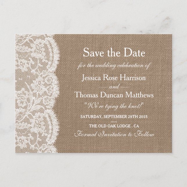 Postal De Anuncios La Colección Boda Burlap & Lace Guardar La Fecha (Anverso)